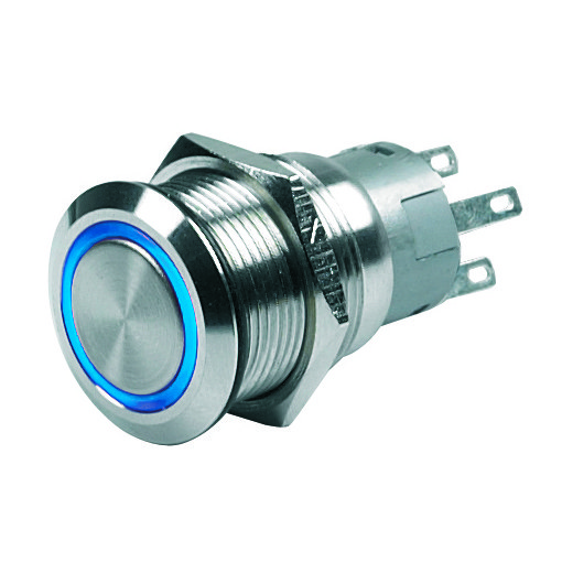 Bep Push Button Switch, On/ Off Switch, 5 Amp, 12 Volt, Panel Mount, With Blue LED Ring, Stainless Steel – 80-511-0003-01