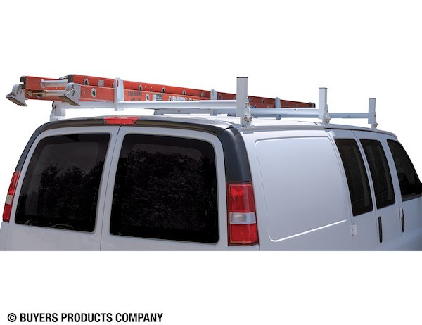 Buyers Products Ladder Rack, 600 Pound Capacity, Full Roof Gutter Mount, Multi-Fit for Domestic Cargo Vans, White, Powder Coated Steel – 1501310
