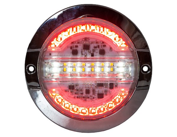 Buyers Products Warning Light, 4 Inch, Round, Grommet/ Surface Mount, Stop/Turn/Tail/ Backup and Strobe, Amber/Red, 32 Light Pattern – 5624432