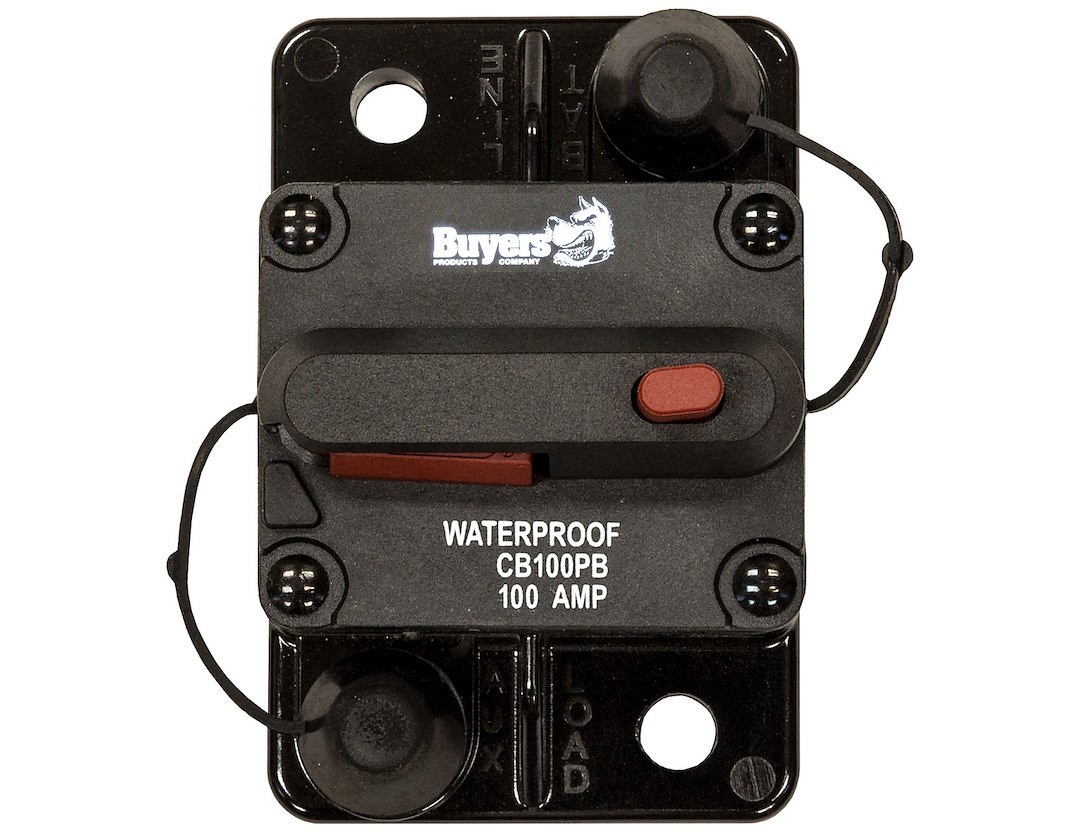 Buyers Products Circuit Breaker, 100 Amp, Plastic, Waterproof, Black, 42 Volts Max, Brass Studs, Manual Push-To-Trip Reset, Single – CB100PB