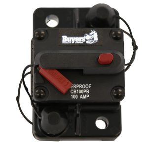 Buyers Products Circuit Breaker, 100 Amp, Plastic, Waterproof, Black, 42 Volts Max, Brass Studs, Manual Push-To-Trip Reset, Single – CB100PB