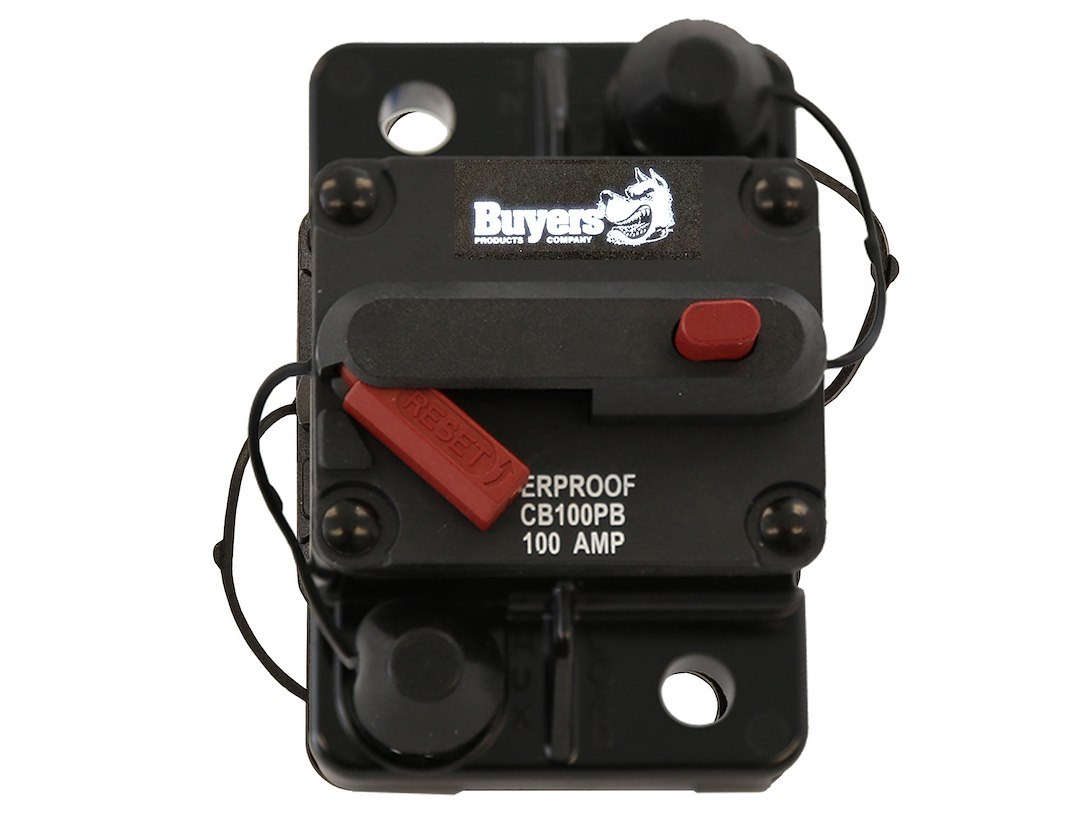 Buyers Products Circuit Breaker, 100 Amp, Plastic, Waterproof, Black, 42 Volts Max, Brass Studs, Manual Push-To-Trip Reset, Single – CB100PB