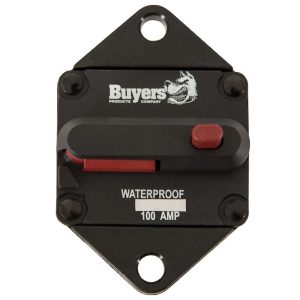 Buyers Products Circuit Breaker, 100 Amp, Plastic, Waterproof, Black, 42 Volts Max, Brass Studs, Manual Push-To-Trip Reset, Single – CB102PB
