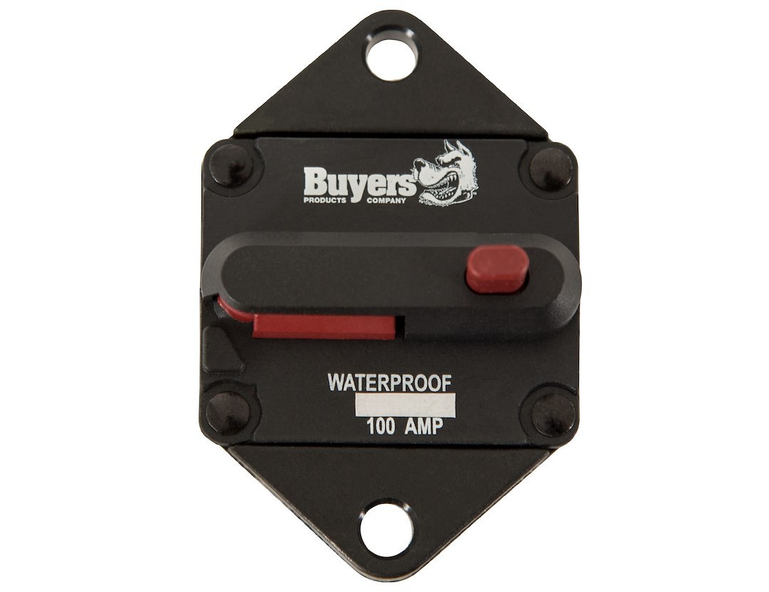 Buyers Products Circuit Breaker, 100 Amp, Plastic, Waterproof, Black, 42 Volts Max, Brass Studs, Manual Push-To-Trip Reset, Single – CB102PB