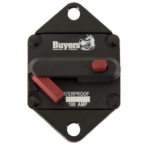 Buyers Products Circuit Breaker, 100 Amp, Plastic, Waterproof, Black, 42 Volts Max, Brass Studs, Manual Push-To-Trip Reset, Single – CB102PB