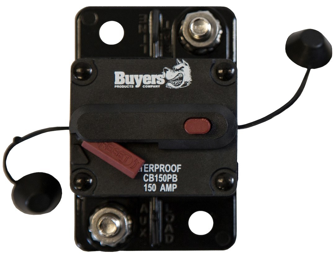 Buyers Products Circuit Breaker, 150 Amp, Plastic, Waterproof, Black, 42 Volts Max, Brass Studs, Manual Push-To-Trip Reset, Single – CB150PB