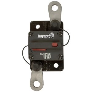 Buyers Products Circuit Breaker, 150 Amp, Plastic, Waterproof, Black, 42 Volts Max, Brass Studs, Manual Push-To-Trip Reset, Single – CB150PB