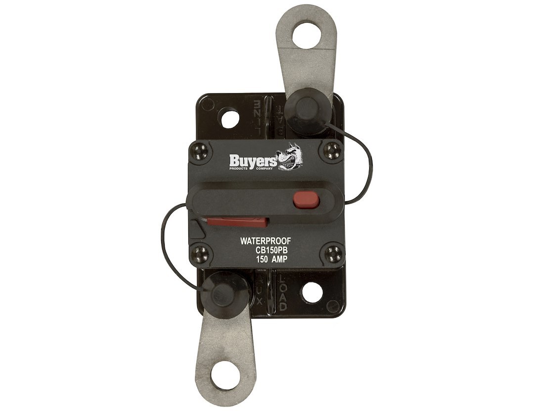 Buyers Products Circuit Breaker, 150 Amp, Plastic, Waterproof, Black, 42 Volts Max, Brass Studs, Manual Push-To-Trip Reset, Single – CB150PB