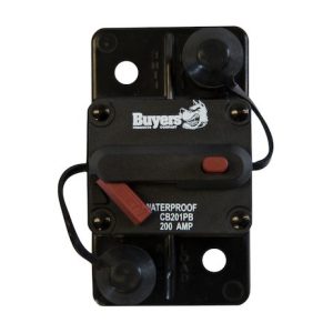 Buyers Products Circuit Breaker, 200 Amp, Plastic, Waterproof, Black, 42 Volt Max, Brass Studs, Manual Push-To-Trip Reset with Large Frame – CB201PB