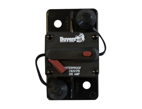 Buyers Products Circuit Breaker, 200 Amp, Plastic, Waterproof, Black, 42 Volt Max, Brass Studs, Manual Push-To-Trip Reset with Large Frame – CB201PB