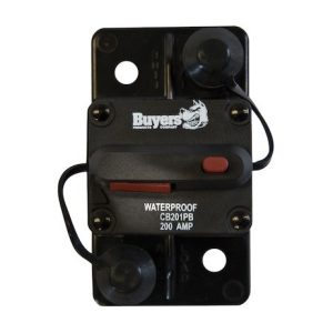 Buyers Products Circuit Breaker, 200 Amp, Plastic, Waterproof, Black, 42 Volt Max, Brass Studs, Manual Push-To-Trip Reset with Large Frame – CB201PB