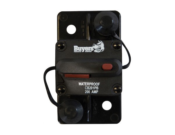 Buyers Products Circuit Breaker, 200 Amp, Plastic, Waterproof, Black, 42 Volt Max, Brass Studs, Manual Push-To-Trip Reset with Large Frame – CB201PB