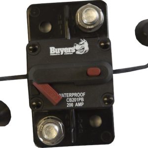 Buyers Products Circuit Breaker, 200 Amp, Plastic, Waterproof, Black, 42 Volt Max, Brass Studs, Manual Push-To-Trip Reset with Large Frame – CB201PB