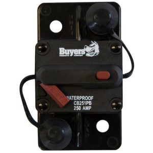 Buyers Products Circuit Breaker, 250 Amp, Plastic, Waterproof, Black, 42 Volts Max, Brass Studs, Manual Push-To-Trip Reset – CB251PB