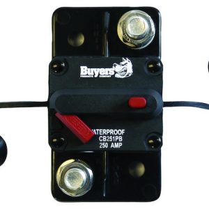 Buyers Products Circuit Breaker, 250 Amp, Plastic, Waterproof, Black, 42 Volts Max, Brass Studs, Manual Push-To-Trip Reset – CB251PB