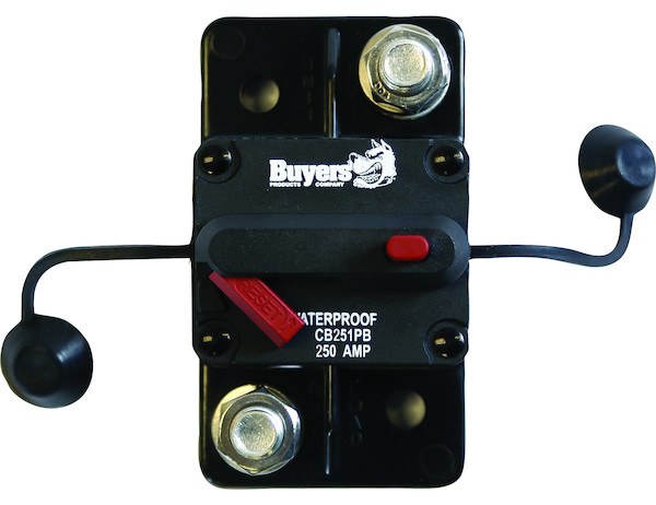 Buyers Products Circuit Breaker, 250 Amp, Plastic, Waterproof, Black, 42 Volts Max, Brass Studs, Manual Push-To-Trip Reset – CB251PB