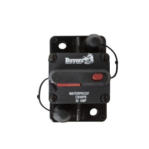 Buyers Products Circuit Breaker, 50 Amp, Plastic, Waterproof, Black, 42 Volts Max, Brass Studs, Manual Push-To-Trip Reset, Single – CB50PB
