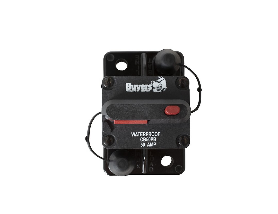 Buyers Products Circuit Breaker, 50 Amp, Plastic, Waterproof, Black, 42 Volts Max, Brass Studs, Manual Push-To-Trip Reset, Single – CB50PB