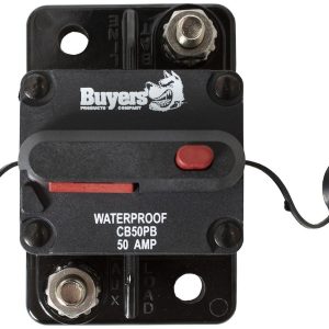 Buyers Products Circuit Breaker, 50 Amp, Plastic, Waterproof, Black, 42 Volts Max, Brass Studs, Manual Push-To-Trip Reset, Single – CB50PB
