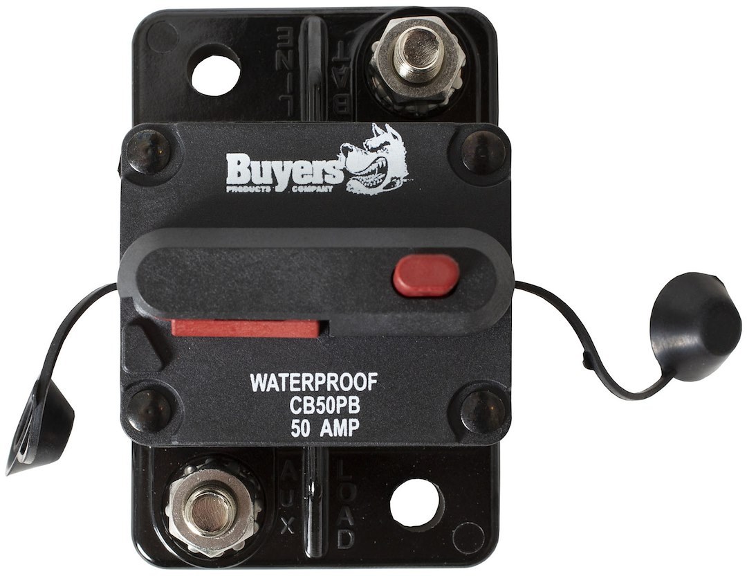 Buyers Products Circuit Breaker, 50 Amp, Plastic, Waterproof, Black, 42 Volts Max, Brass Studs, Manual Push-To-Trip Reset, Single – CB50PB