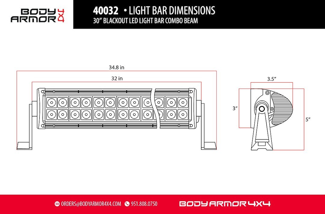 Body Armor Light Bar, Driving/ Fog Light Bar, LED, 30 Inch Length, 60 Clear Bulb, Spot/ Fog Combo Beam, Tinted Lens, Black Aluminum Housing – 40032