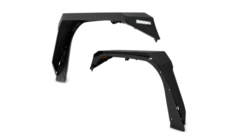 Body Armor Fender Flare, Flat Style, 7-1/2 Inch Tire Coverage, Textured Powder Coated Black, 3/16 Inch Steel – JL-6102