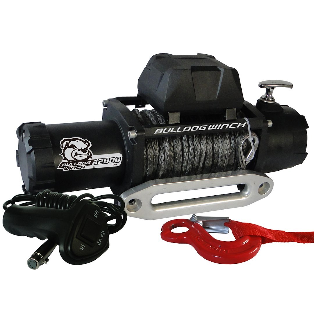 Bulldog Winc Winch, Vehicle Mounted, Trailer Winch, 12 Volt Electric, 6 Horse Power, 12000 Pound Line Pull Capacity, 100 Foot Synthetic Rope – 10046