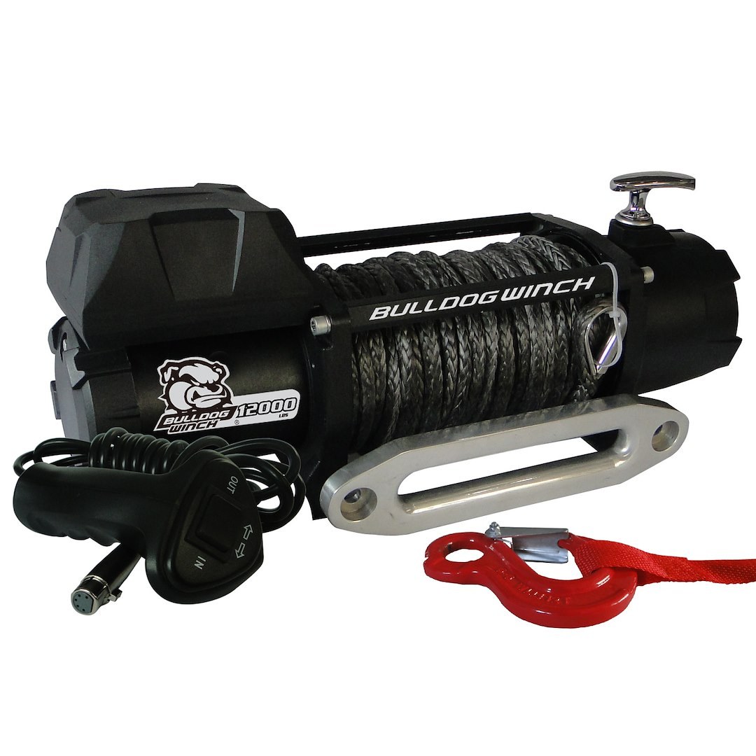 Bulldog Winc Winch, Vehicle Mounted, Trailer Winch, 12 Volt Electric, 6 Horse Power, 12000 Pound Line Pull Capacity, 100 Foot Synthetic Rope – 10046
