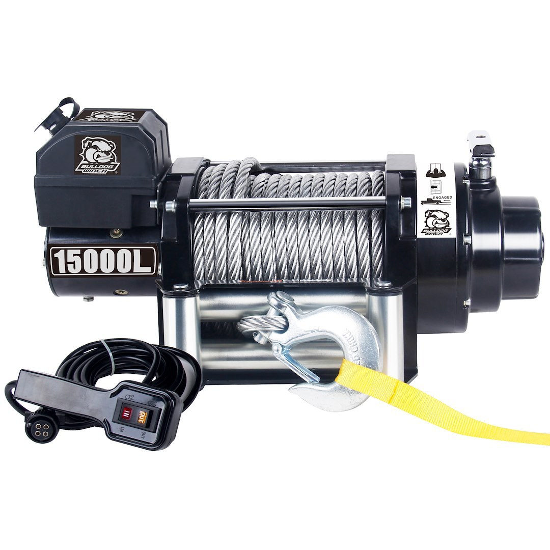 Bulldog Winc Winch, Vehicle Mounted, Heavy Duty Winch, 12 Volt Electric, 5.6 Horse Power, 15000 Pound Line Pull Capacity, 92 Foot Wire Rope – 10063