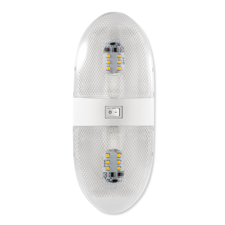 Camco Dome Light – LED, Clear Double Light Dome, Two 160 Lumen LED Bulbs, Clear Bulb, With Dome Light Housing/ 2 Dome Covers/ 2 Light Bulbs – 41321