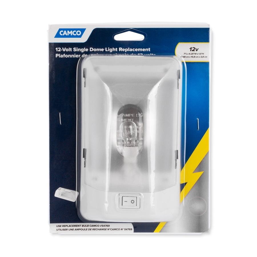Camco Dome Light, Single Dome Replacement, Clear Lens, Incandescent, Clear Bulb, 12 Volt, 7 Inch Length X 4-1/2 Inch Width X 1-1/2 Inch Height – 41330