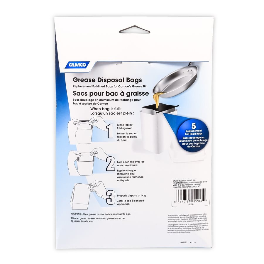 Camco Used Cooking Grease Container Bag, Foil Lined Bag, Package of 5, English/ French Language Packaging – 42286