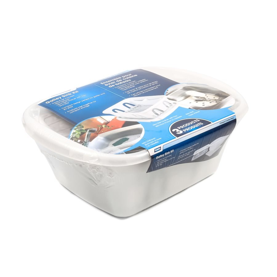 Camco Dish Pan, With Dish Pan/ Dish Drainer with Tray and Sink Mat, White, Plastic, With English/ French Language Packaging – 43517