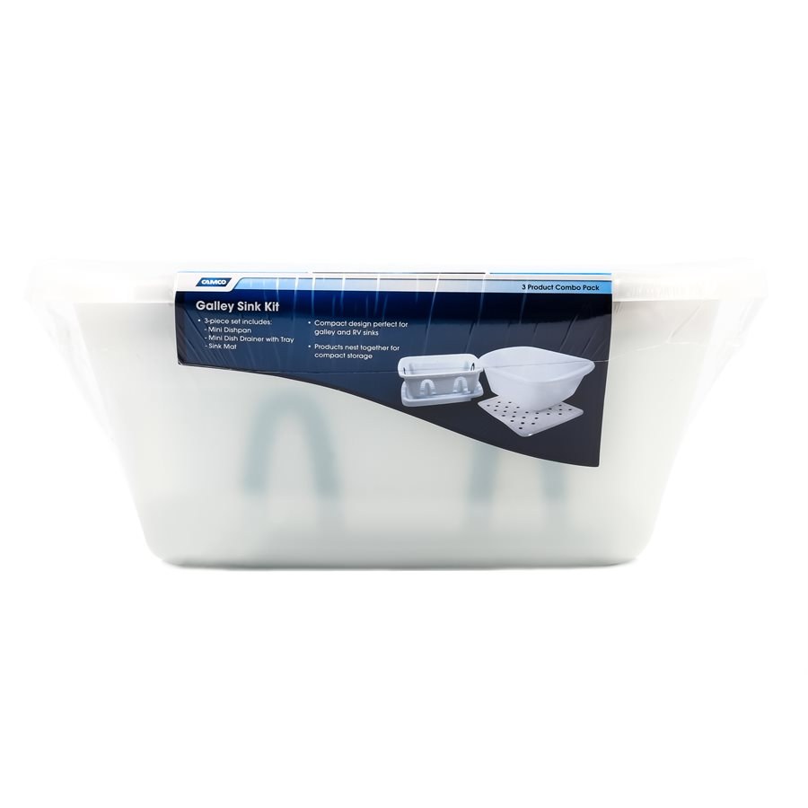 Camco Dish Pan, With Dish Pan/ Dish Drainer with Tray and Sink Mat, White, Plastic, With English/ French Language Packaging – 43517