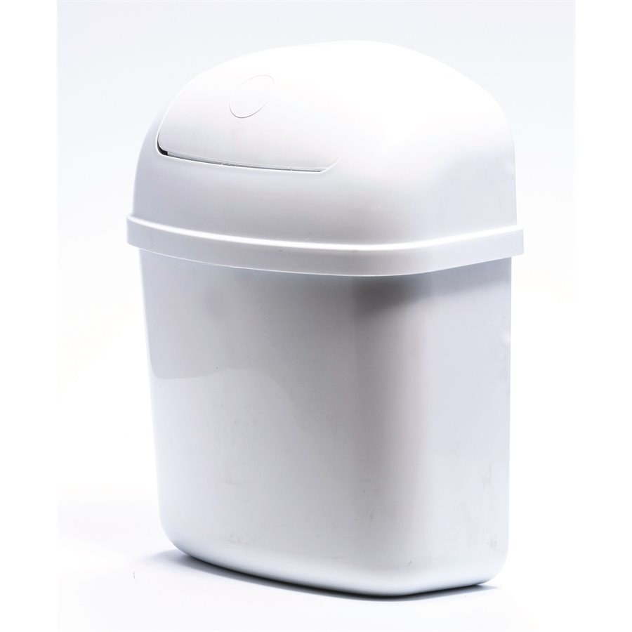 Camco Trash Can, 11 Inch Height X 8-3/4 Inch Width X 5 Inch Length, Wall Mount or Inside Cabinet Mount, White, Plastic, With Swing Top Lid – 43961