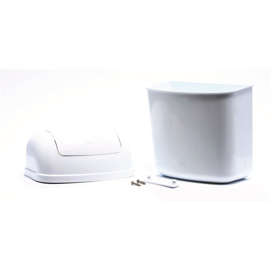 Camco Trash Can, 11 Inch Height X 8-3/4 Inch Width X 5 Inch Length, Wall Mount or Inside Cabinet Mount, White, Plastic, With Swing Top Lid – 43961