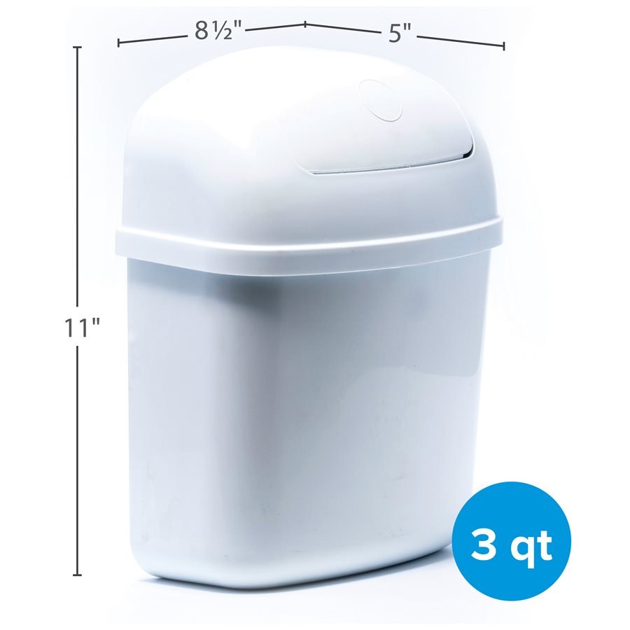 Camco Trash Can, 11 Inch Height X 8-3/4 Inch Width X 5 Inch Length, Wall Mount or Inside Cabinet Mount, White, Plastic, With Swing Top Lid – 43961