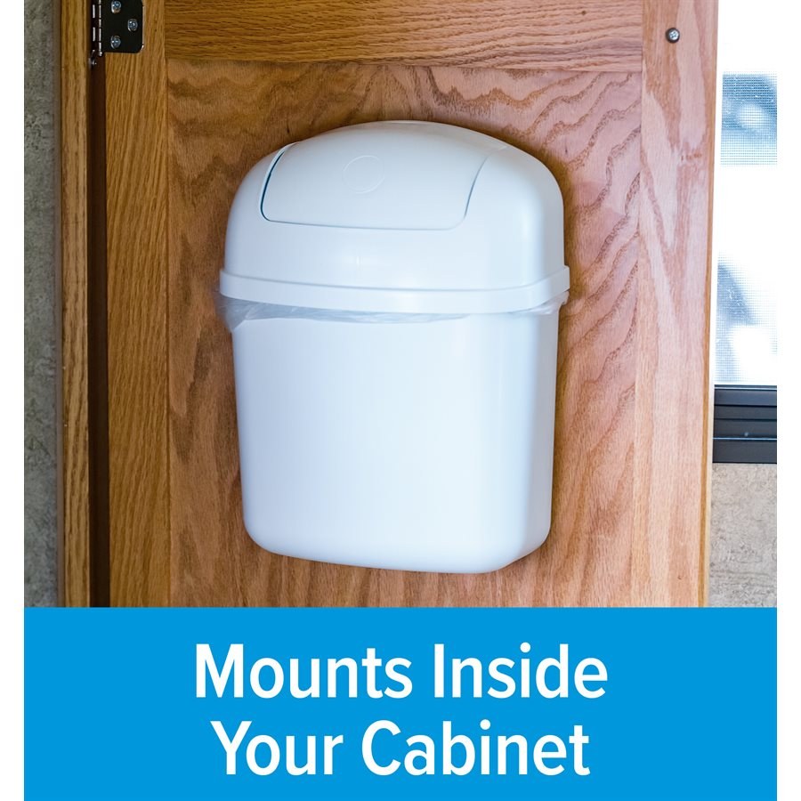 Camco Trash Can, 11 Inch Height X 8-3/4 Inch Width X 5 Inch Length, Wall Mount or Inside Cabinet Mount, White, Plastic, With Swing Top Lid – 43961