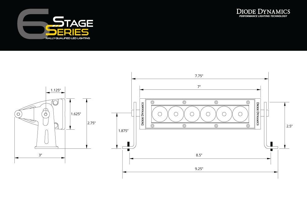 Diode Dynamc Light Bar, Stage Series, LED, 6 Inch Length, White, 26.6 Watt/ 1.9 Amp at 14 Volt, 20 X 8 Degrees Driving Beam – DD5014S