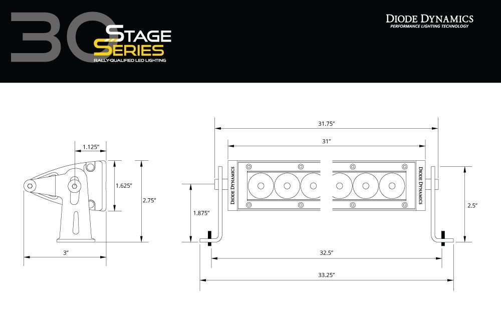 Diode Dynamc Light Bar, Stage Series, LED, 30 Inch Length, White, 137.2 Watt/ 9.8 Amp at 14 Volt, Driving and Flood Combo Beam – DD5032
