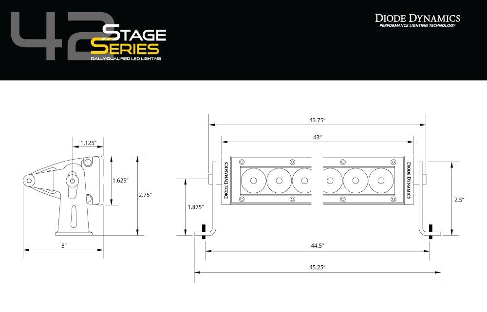 Diode Dynamc Light Bar, Stage Series, LED, 42 Inch Length, White, 224 Watt/ 16 Amp at 14 Volt, Driving and Flood Combo Beam – DD5034