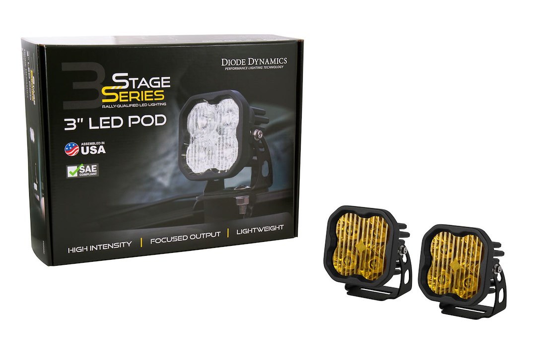 Diode Dynamc Driving/ Fog Light, Stage Series Sport, LED Bulb, Yellow Bulbs, 3 Inch Square, 14.5 Watt Bulbs Amp Draw 1.1 Amp at 12.8 Volt – DD6126P