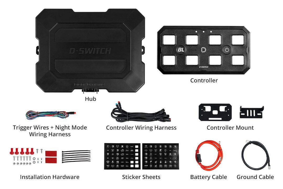 Diode Dynamc Switch Panel, D-Switch, 8 Switch Panel, One 10-Foot Controller Wiring Harness/ One Trigger Wires/ One Night Mode Wiring Harness – DD8373