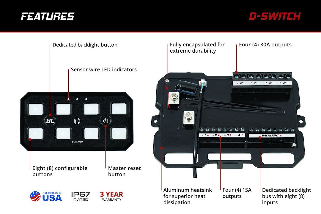 Diode Dynamc Switch Panel, D-Switch, 8 Switch Panel, One 10-Foot Controller Wiring Harness/ One Trigger Wires/ One Night Mode Wiring Harness – DD8373