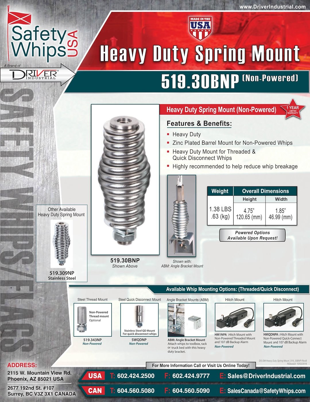Driver Ind. Warning Whip Base, Safetywhips®, Barrel Spring Base, For Non-Powered Whip, Threaded Whip Connection, Zinc Plated, Steel – 519.30BNP