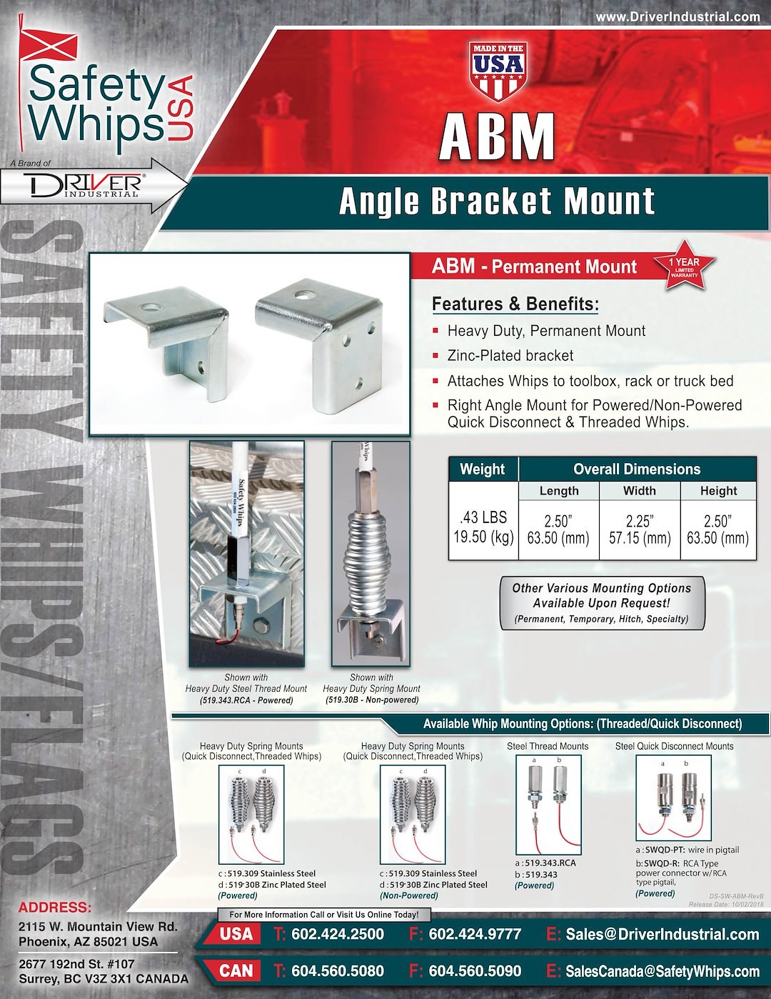 Driver Ind. Warning Whip Mount, Safetywhips®, Permanent Mount, For Powered/ Non-Powered Whips and Bases, Zinc Plated, Steel – ABM