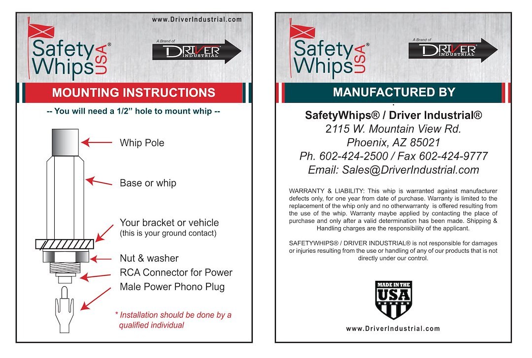 Driver Ind. Warning Whip Power Cable, Safetywhips®, Used to Provide Power to Lighted Warning Whips Which Are Grounded Through the Mounting Base – HP.2