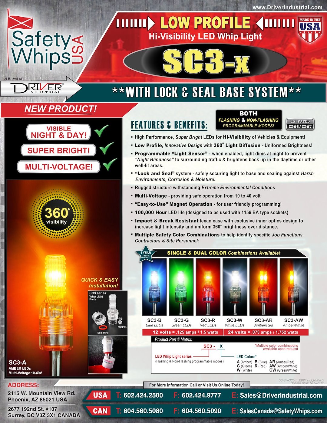Driver Ind. Warning Whip Light, Safetywhips®, Single Color Green, LED Bulb, Flashing/ Constant Mode, Low Profile – SC3-G