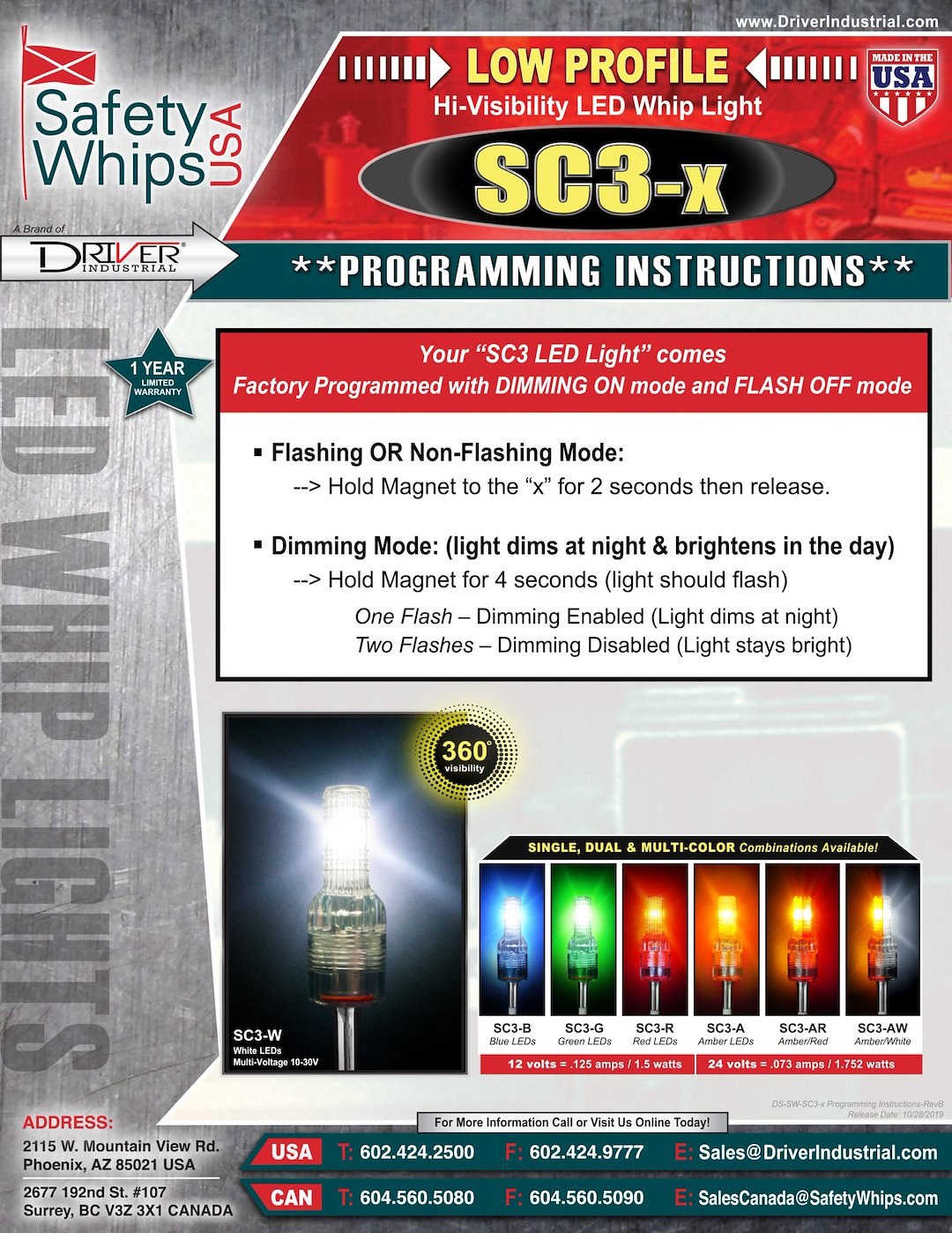 Driver Ind. Warning Whip Light, Safetywhips®, Single Color Green, LED Bulb, Flashing/ Constant Mode, Low Profile – SC3-G