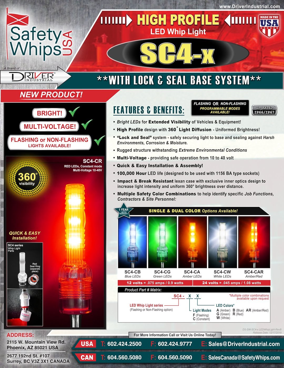 Driver Ind. Warning Whip Light, Safetywhips®, Single Color Green, LED Bulb, Flashing Mode, High Profile, Safely Functions from 10 to 40 Volt – SC4-FG